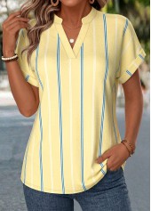 Yellow Striped Tummy Coverage Short Sleeve V Neck Blouse | thumb picture 