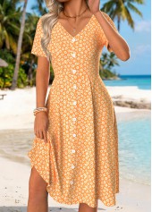 Orange Ditsy Floral Print Tummy Coverage Short Sleeve Dress