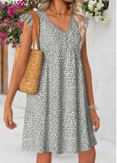 Grey Geometric Print Short Shirred V Neck Dress | thumb picture 