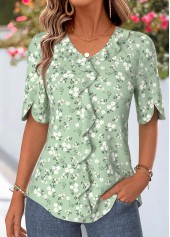Sage Green Ditsy Floral Print Curved Hem Blouse