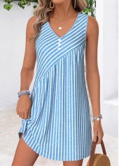 Blue Striped Short Asymmetry Sleeveless V Neck Dress