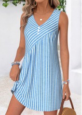 Blue Striped Short Asymmetry Sleeveless V Neck Dress | thumb picture 
