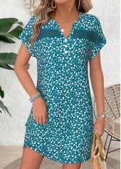 Turquoise Ditsy Floral Print Short Patchwork Split Neck Dress