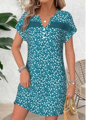 Turquoise Ditsy Floral Print Short Patchwork Split Neck Dress | thumb picture 