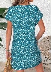 Turquoise Ditsy Floral Print Short Patchwork Split Neck Dress | thumb picture 