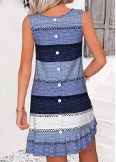 Dusty Blue Striped Short Shirred Sleeveless Round Neck Dress