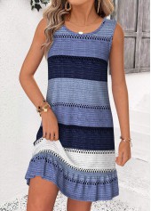 Dusty Blue Striped Short Shirred Sleeveless Round Neck Dress | thumb picture 
