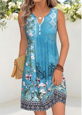 Dusty Blue Floral Print Short Shirred Sleeveless Dress
