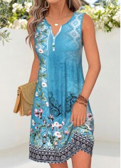 Dusty Blue Floral Print Short Shirred Sleeveless Dress | thumb picture 