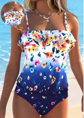 Navy Mid Waisted Ruffle Floral Print Tankini Set