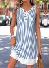 Dusty Blue Striped Short Fake 2in1 Sleeveless Dress