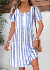 Light Blue Striped Short Tummy Coverage Square Neck Dress