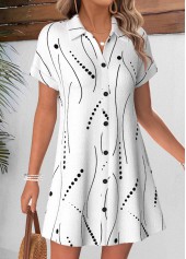 White Geometric Print Short Tummy Coverage Shirt Collar Dress | thumb picture 