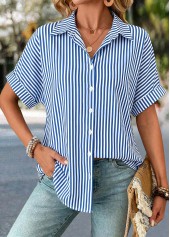 Blue Striped Patchwork Half Sleeve Shirt