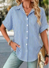 Blue Striped Patchwork Half Sleeve Shirt | thumb picture 