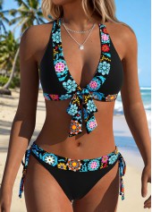 Black Mid Waisted Patchwork Tribal Print Bikini Set