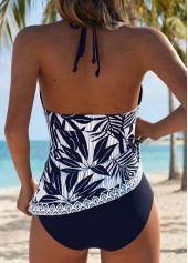 Navy Mid Waisted Patchwork Tropical Plants Print Tankini Set | thumb picture 