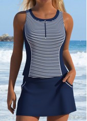 Navy Mid Waisted Patchwork Striped Tankini Set