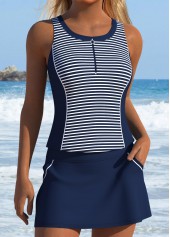 Navy Mid Waisted Patchwork Striped Tankini Set | thumb picture 