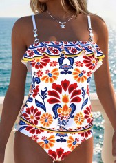 Multi Color Mid Waisted Ruffle Tribal Print Tankini Set