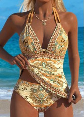 Dark Camel Mid Waisted Two-piece Tribal Print Tankini Set
