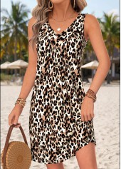 Multi Color Leopard Short Shirred Sleeveless V Neck Dress | thumb picture 