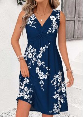 Navy Floral Print Short Shirred Sleeveless V Neck Dress