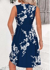 Navy Floral Print Short Shirred Sleeveless V Neck Dress | thumb picture 