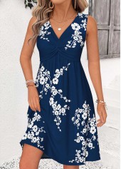 Navy Floral Print Short Shirred Sleeveless V Neck Dress | thumb picture 