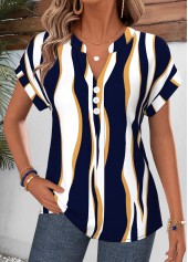 Navy Geometric Print Curved Hem Short Sleeve Blouse