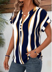 Navy Geometric Print Curved Hem Short Sleeve Blouse | thumb picture 