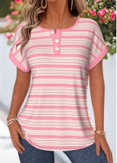 Pink Striped Button Short Sleeve Boat Neck T Shirt