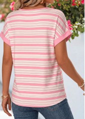 Pink Striped Button Short Sleeve Boat Neck T Shirt | thumb picture 