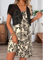 Black Leaf Print Short Tummy Coverage Dress and Cardigan | thumb picture 