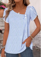 Blue Striped Shirred Short Sleeve Blouse