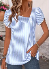 Blue Striped Shirred Short Sleeve Blouse | thumb picture 