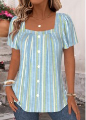 Dusty Blue Striped Pleated Short Sleeve Square Neck Blouse