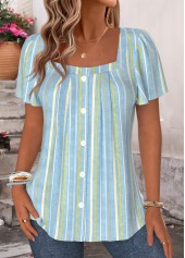 Dusty Blue Striped Pleated Short Sleeve Square Neck Blouse | thumb picture 