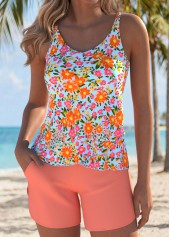 Coral Mid Waisted Layered Floral Print Tankini Set