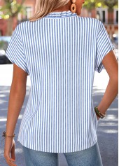 Blue Striped Frill Short Sleeve V Neck Blouse | thumb picture 