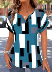 Peacock Blue Geometric Print Tummy Coverage T Shirt