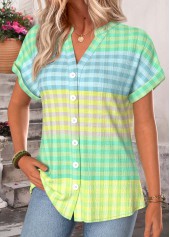 Green Plaid Button Short Sleeve Split Neck Blouse | thumb picture 