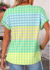 Green Plaid Button Short Sleeve Split Neck Blouse | thumb picture 