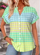 Green Plaid Button Short Sleeve Split Neck Blouse