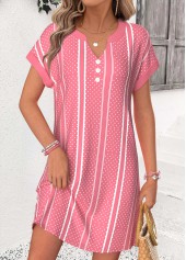 Pink Striped Short Tummy Coverage Sleeveless Split Neck Dress