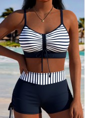 Navy Mid Waisted Drawstring Striped Bikini Set