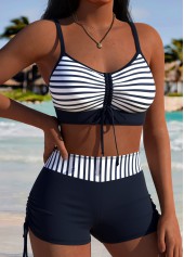 Navy Mid Waisted Drawstring Striped Bikini Set | thumb picture 