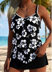 Black Mid Waisted Tummy Coverage Floral Print Tankini Set