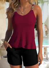 Wine Red Mid Waisted Layered Tankini Set
