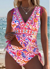 Hot Pink Mid Waisted Bowknot Bohemian Print Tankini Set